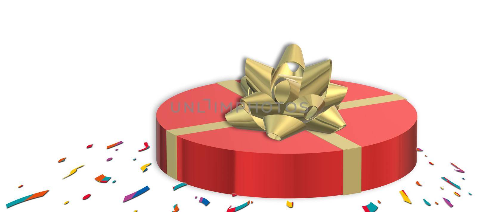 Red gift box with gold ribbon on white. Love, Valentines, birthday, Mothers day, Christmas, New Year's Day. Mock up, place for text. 3D illustration