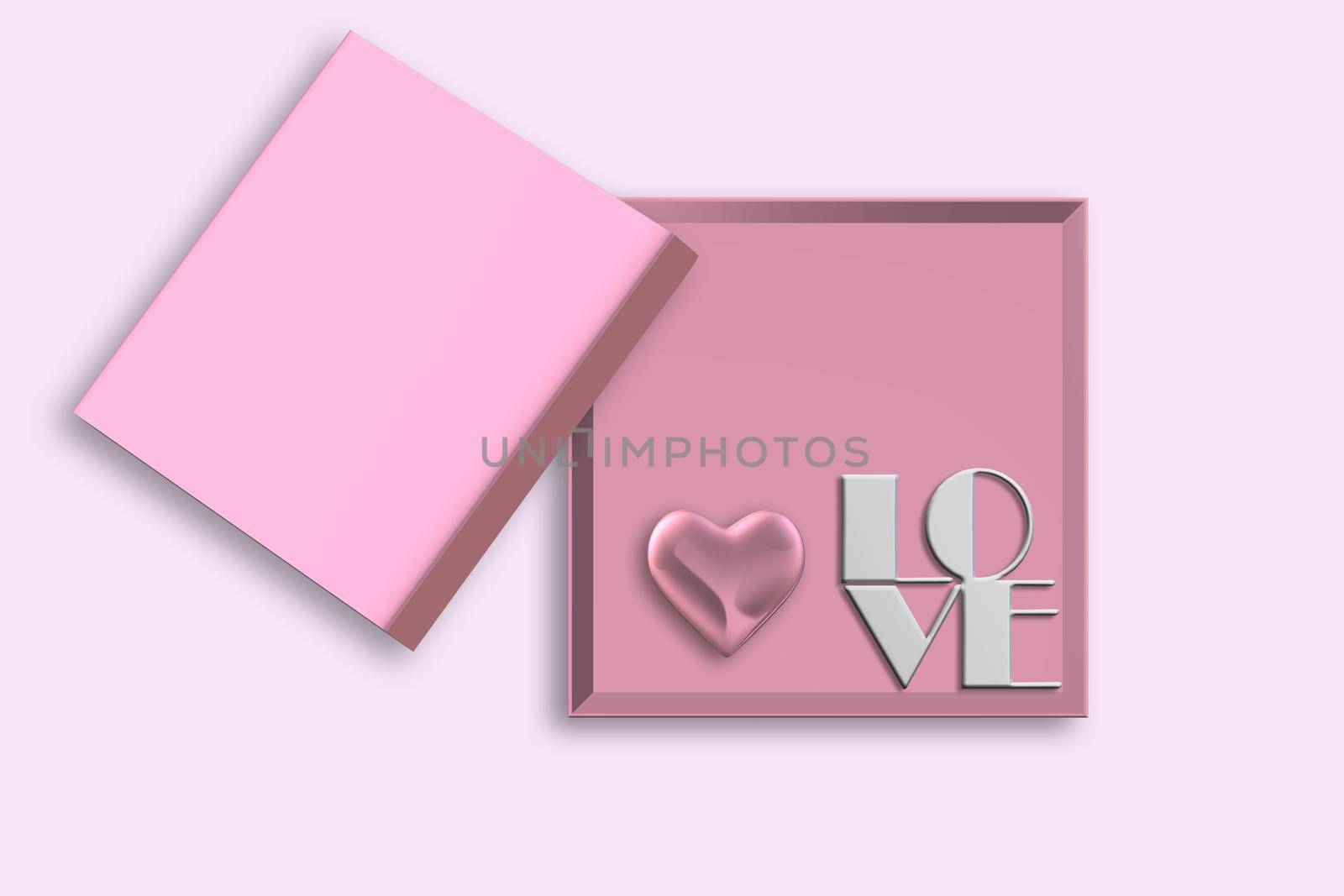 Empty Open gift box. Pink open box, text love on pink background. Valentines, love design Sale, surprise, gift, birthday, wedding, Valentines, loves template. Mock up, Flat lay, top view. 3D render