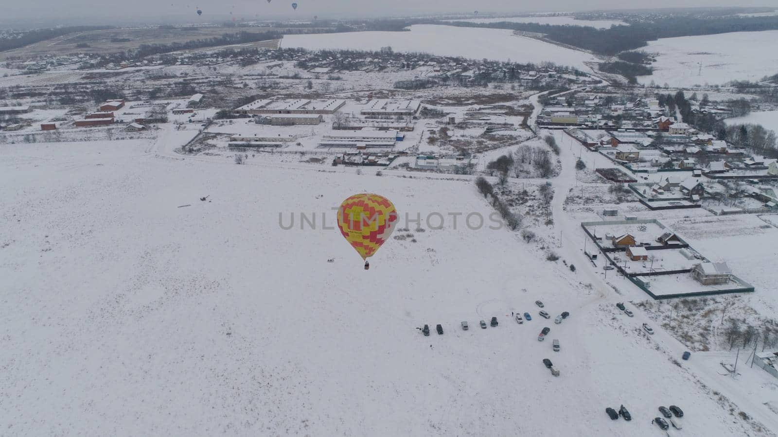Hot air balloons in the winter season. Aerostat, Airship. Red balloon.