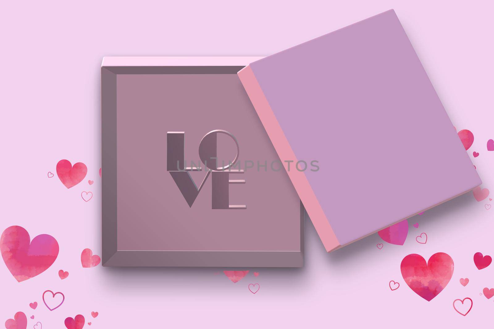 Open gift box. Pink open box, text love on pink background. Valentines, love design Sale, surprise, gift, birthday, wedding, Valentines, loves template. Mock up, Flat lay, top view 3D render