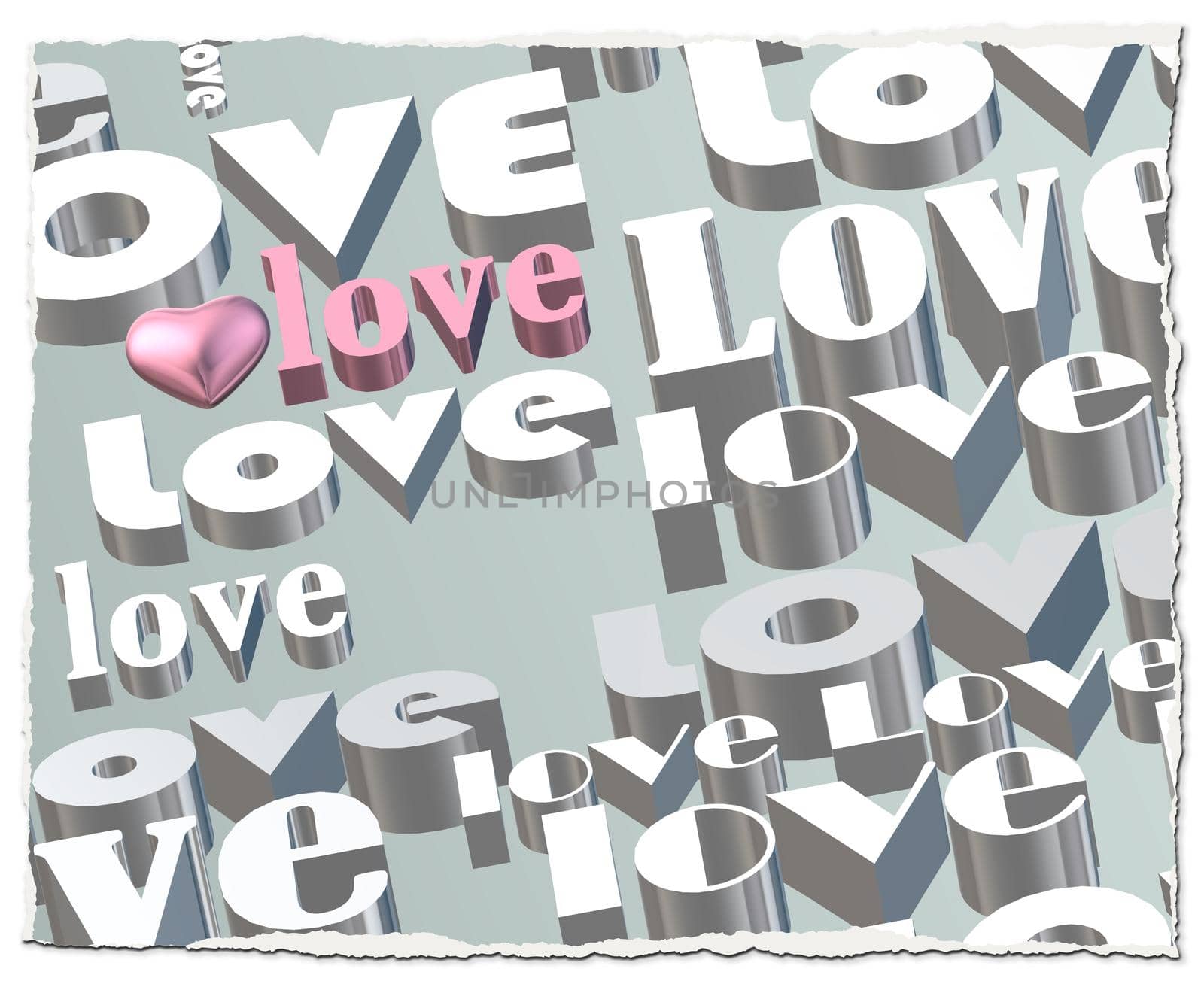words LOVE on pastel green background, 3D pink heart. Valentines, Love, party invitation, mothers day, 8th March, wedding, greeting card. Place for text. Elegant pink love design. 3D render
