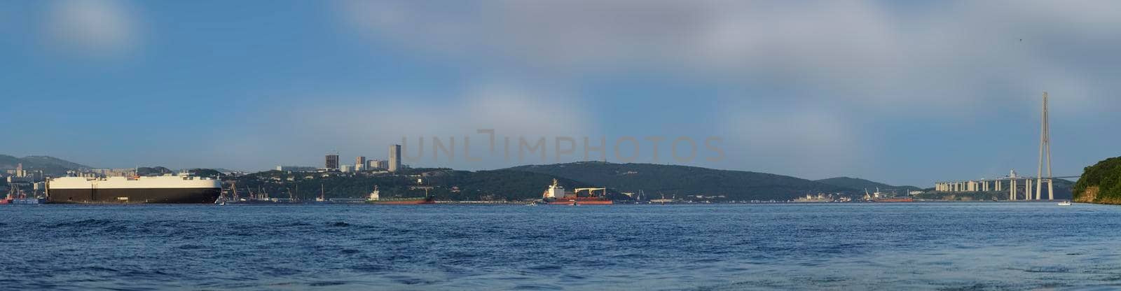Vladivostok, Russia. Panorama of the sea landscape with the Russian bridge and ships