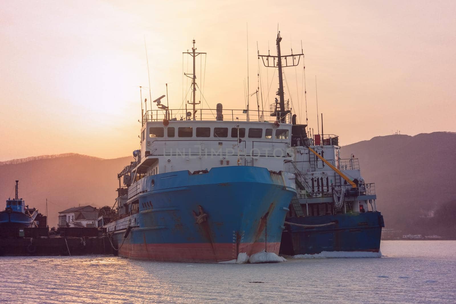 Vladivostok, Russia. Old ships at sunset in the Parking lot in the Bay.