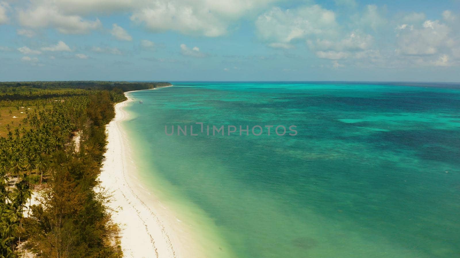 Tropical island with sandy beach by atoll with coral reef and blue sea, aerial view. Bugsuk Island with sandy beach. Summer and travel vacation concept.