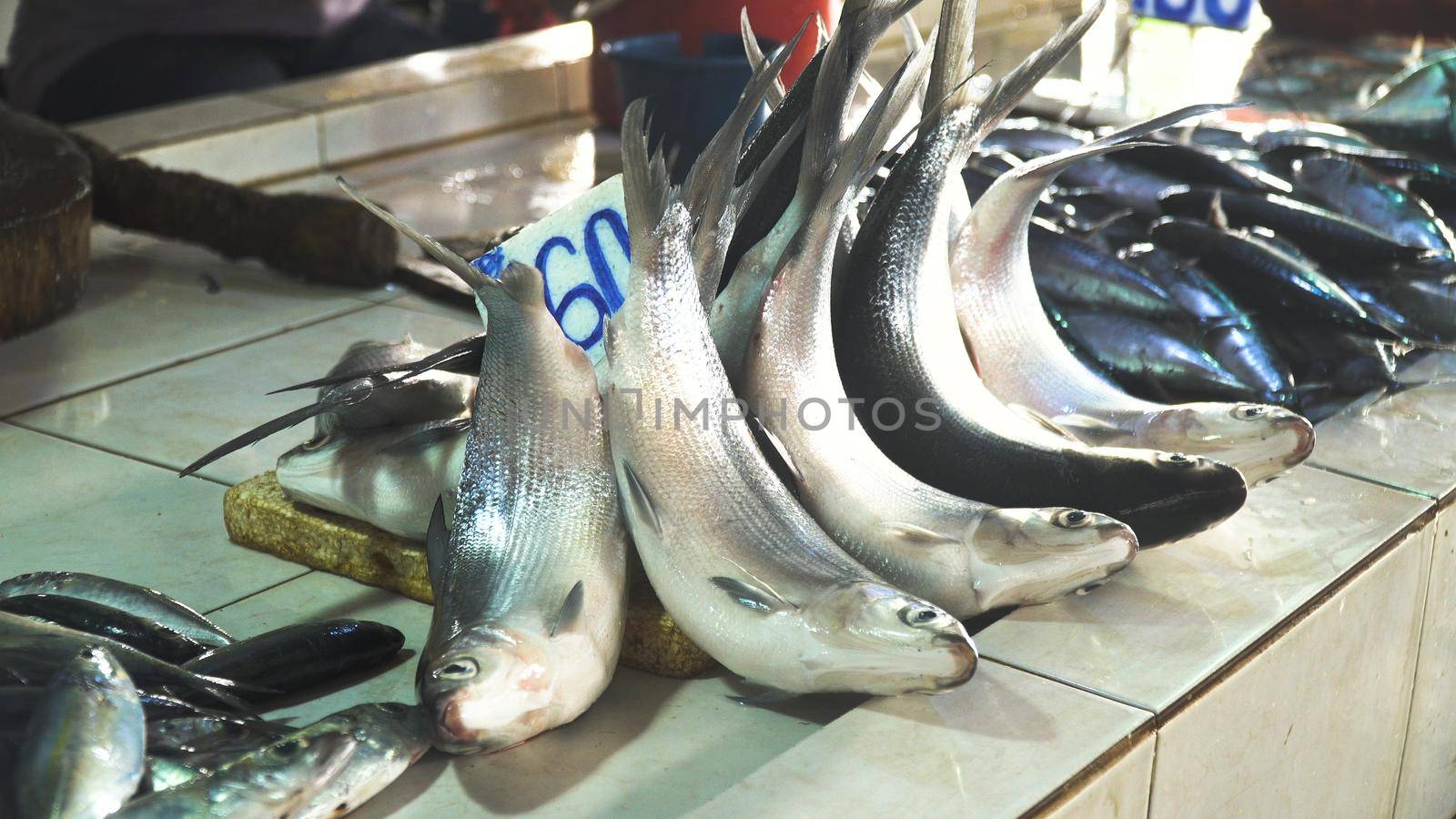 Fresh fish in Asian market. Sale of fresh sea fish in the Asian public store. Sea fish lying on the shopboard at one of the street markets. Philippines.