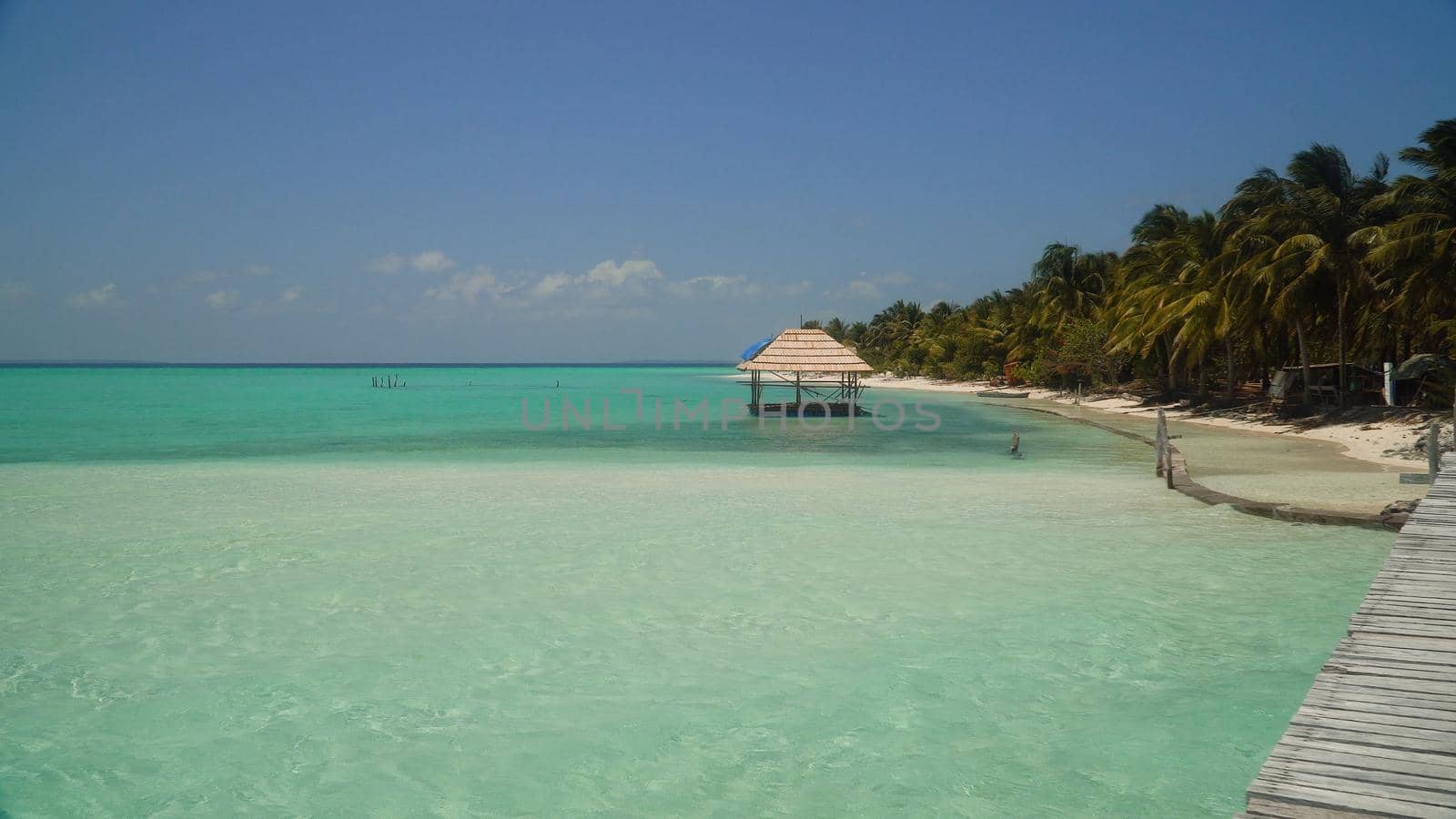 Beautiful beach, palm trees by turquoise water. Onok Island, Balabac, Philippines. Summer and travel vacation concept