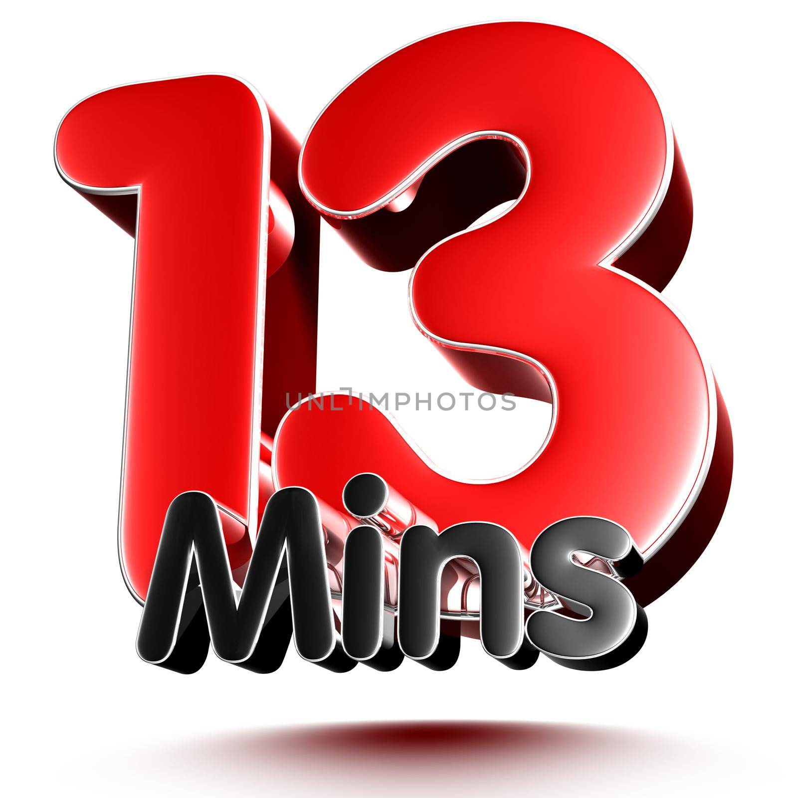 13 mins isolated on white background illustration 3D rendering with clipping path.