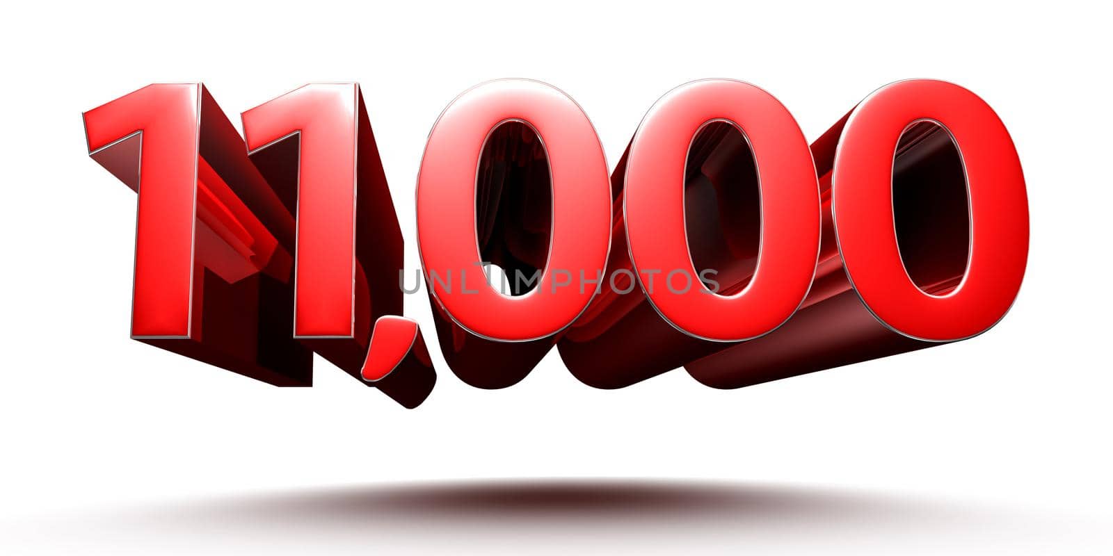 Red numbers 11000 isolated on white background illustration 3D rendering with clipping path.