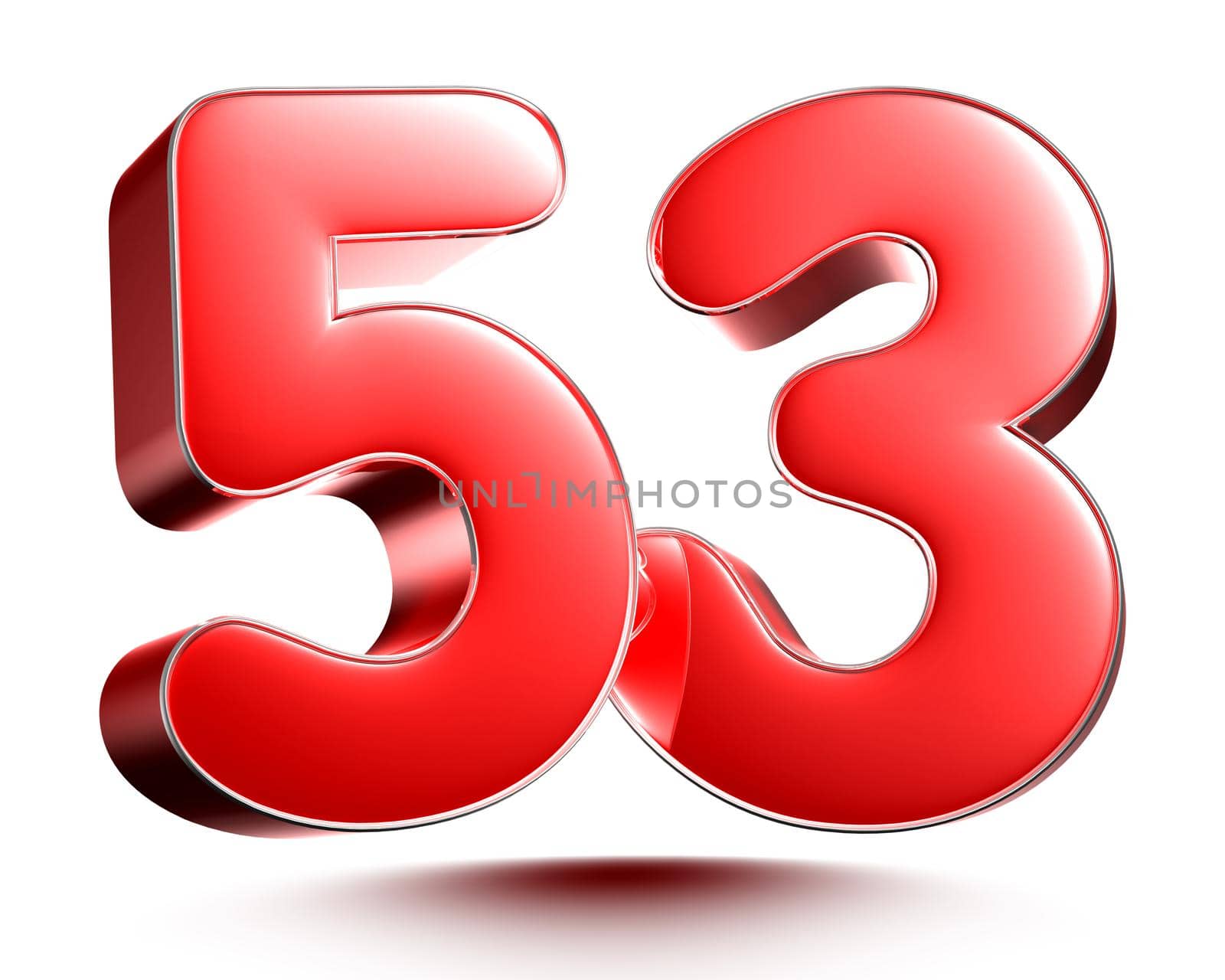 Red numbers 53 isolated on white background illustration 3D rendering with clipping path.