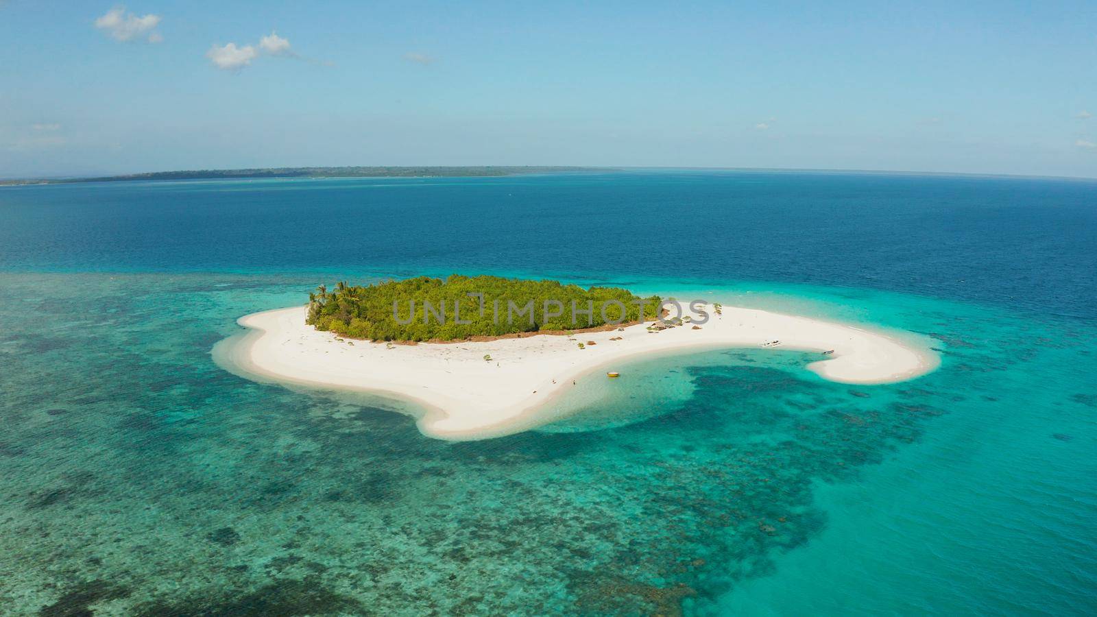 Sandy beach and tropical island by atoll with coral reef and axure water, top view. Patawan island with sandy beach. Summer and travel vacation concept.