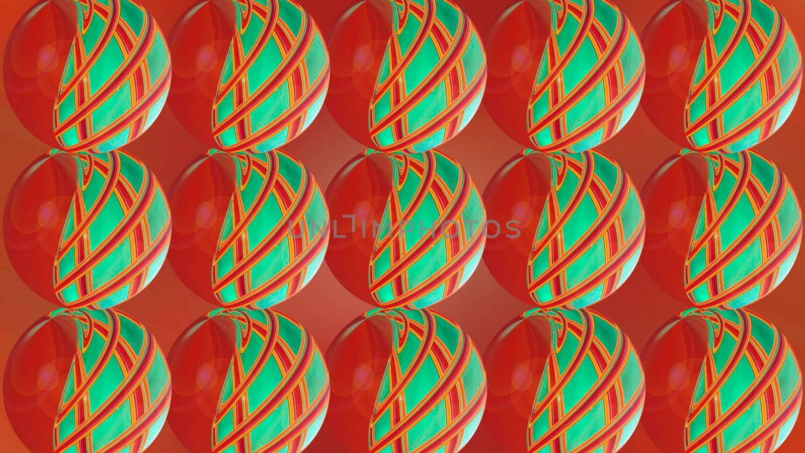 Abstract red background with green spheres. 3d image.