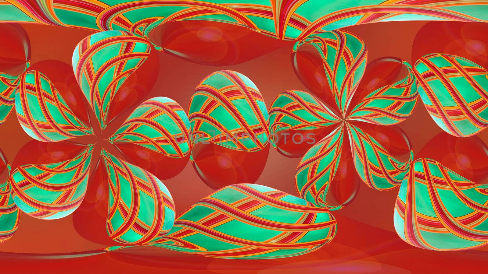 Abstract red background with green spheres. 3d image.