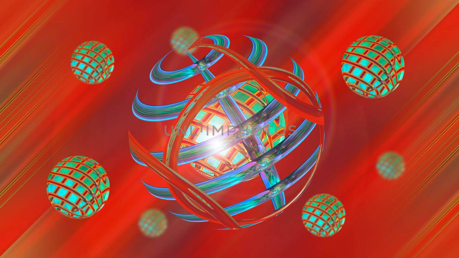 Abstract red background with green spheres. 3d image.