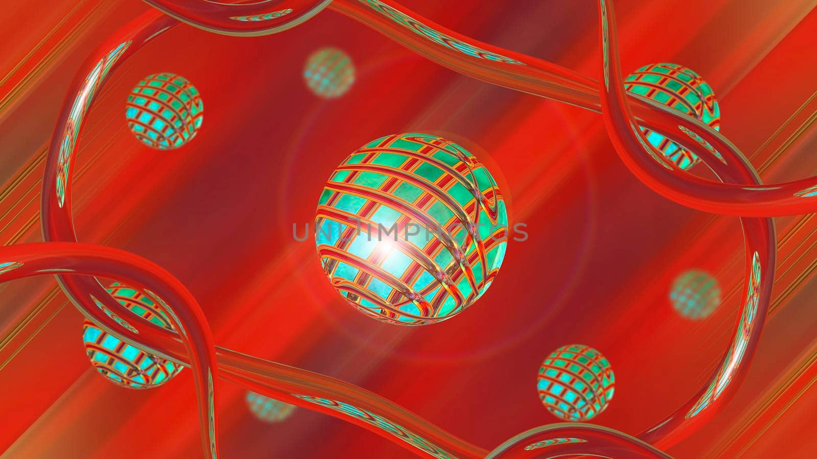 Abstract red background with green spheres. 3d image.