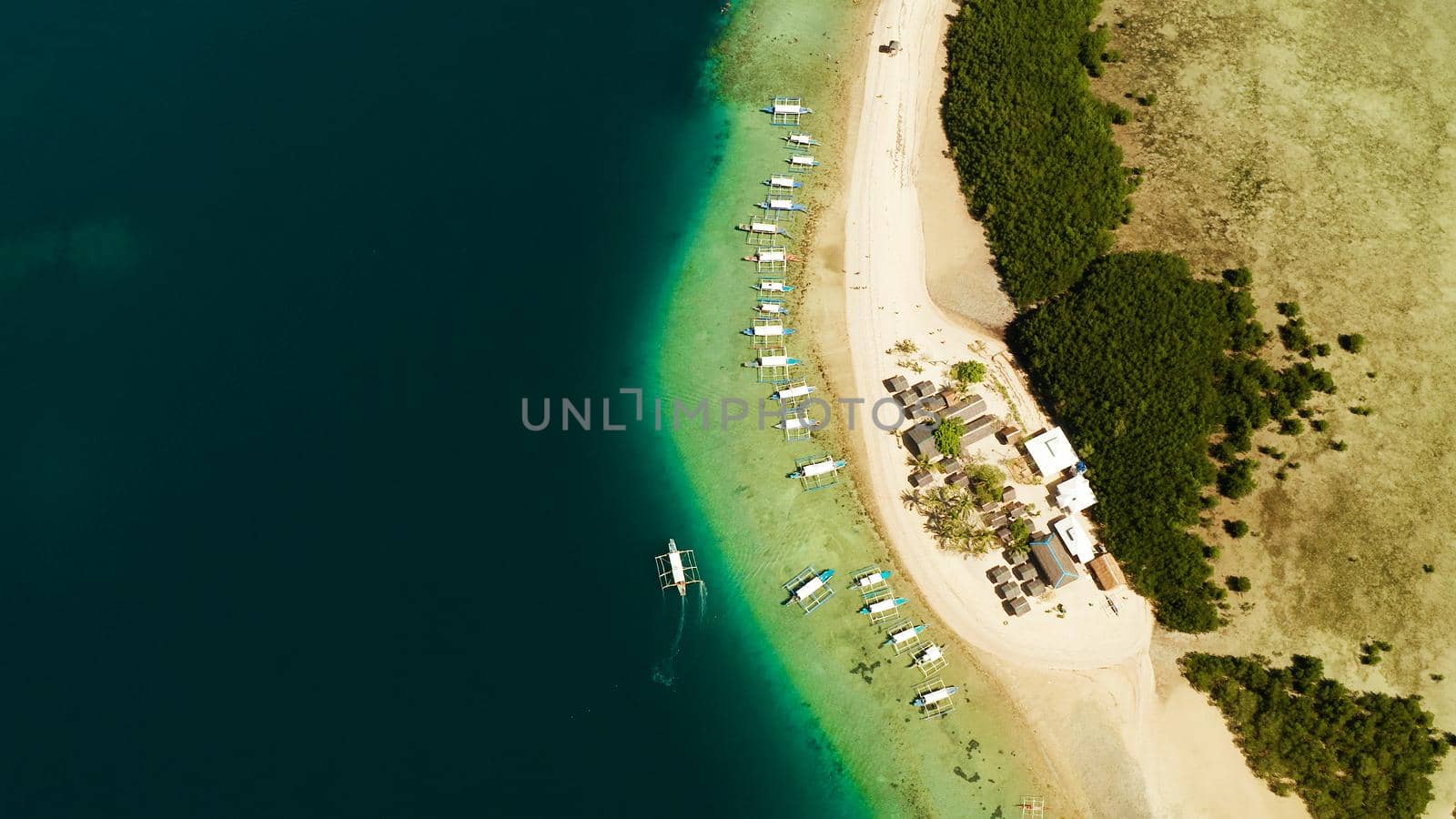Beautiful beach on tropical island surrounded by coral reef, sandy bar with tourists. honda bay top view. Starfish island. Summer and travel vacation concept, Philippines, Palawan