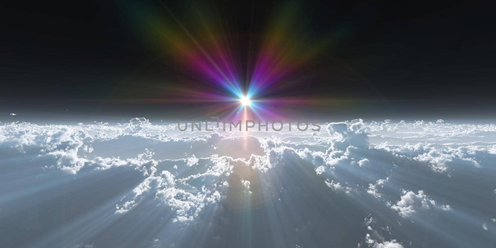 high stratosphere above clouds, 3d render illustration by alex_nako