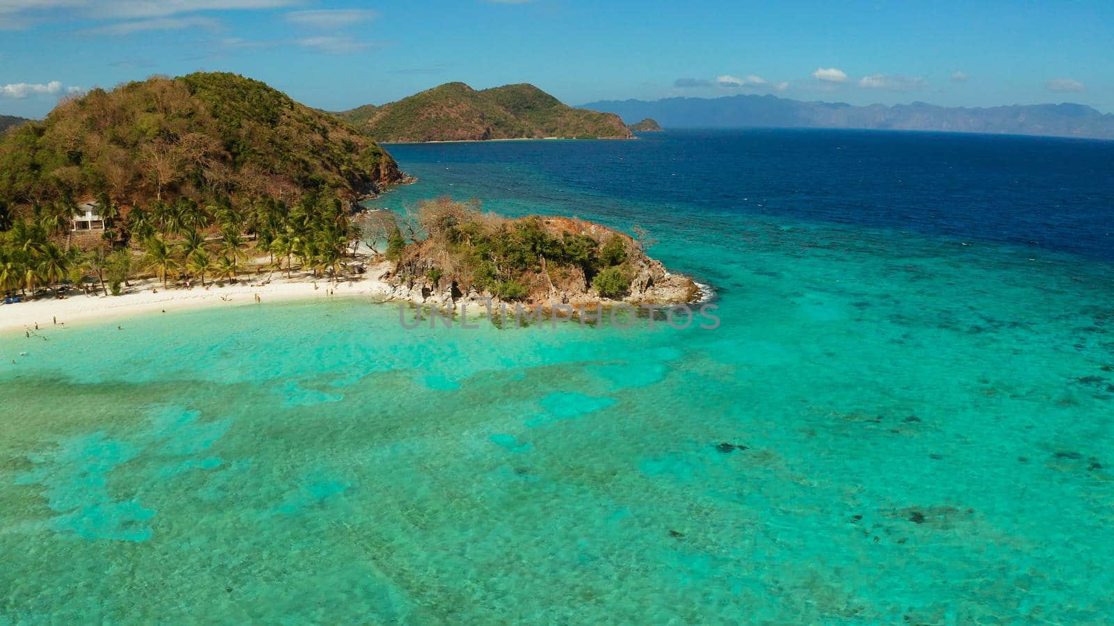 aerial seascape tourists enjoy the tropical beach. tropical island with sand beach, palm trees. Malcapuya, Philippines, Palawan. Tropical landscape with blue lagoon, coral reef