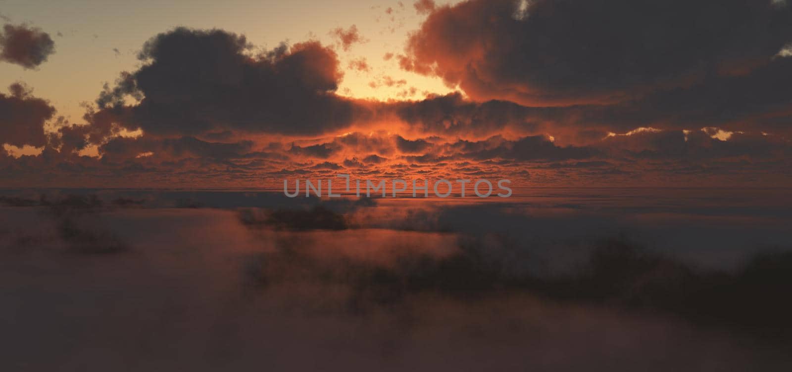 fly above clouds sunset 3d render illustration