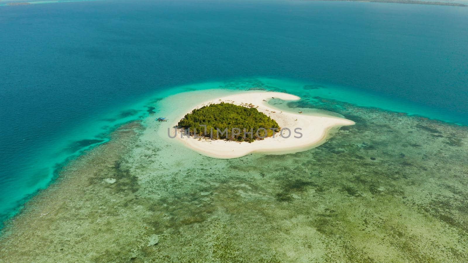 Aerial view of sandy beach on a tropical island with palm trees by coral reef atoll. Patawan island with sandy beach. Summer and travel vacation concept.