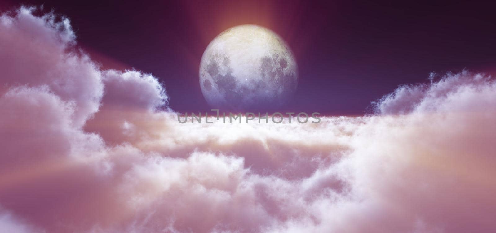 night fly above clouds full moon, 3d render illustration