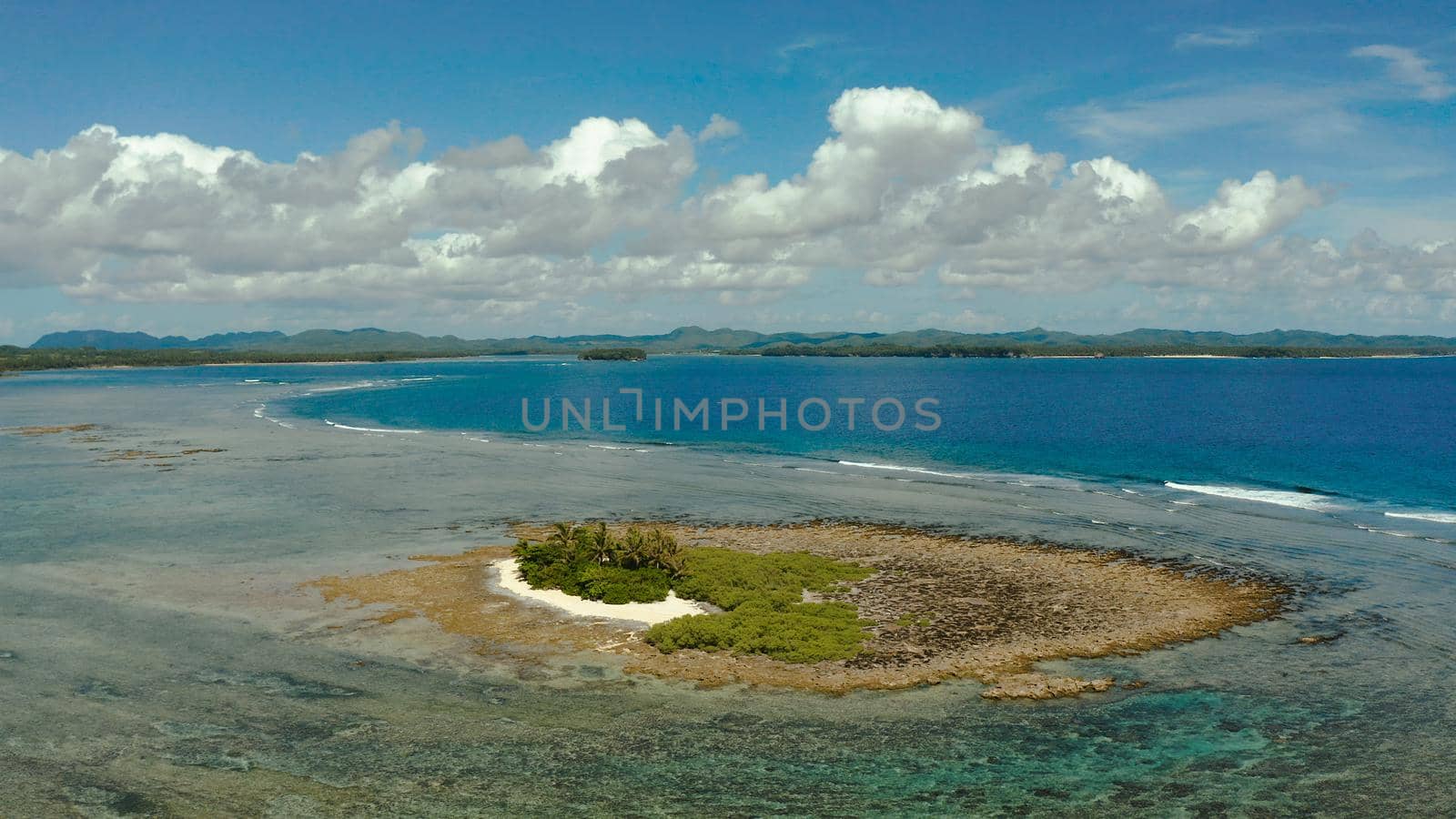 Aerial seascape: Tropical island with palm trees and beach at low tide against the sky and clouds, aerial view. Philippines, Siargao. Summer and travel vacation concept