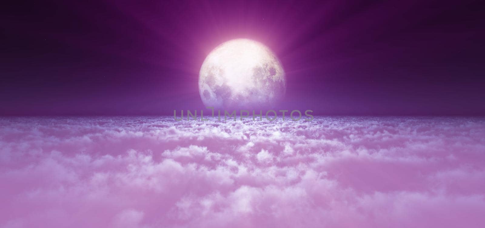 night fly above clouds full moon, 3d render illustration