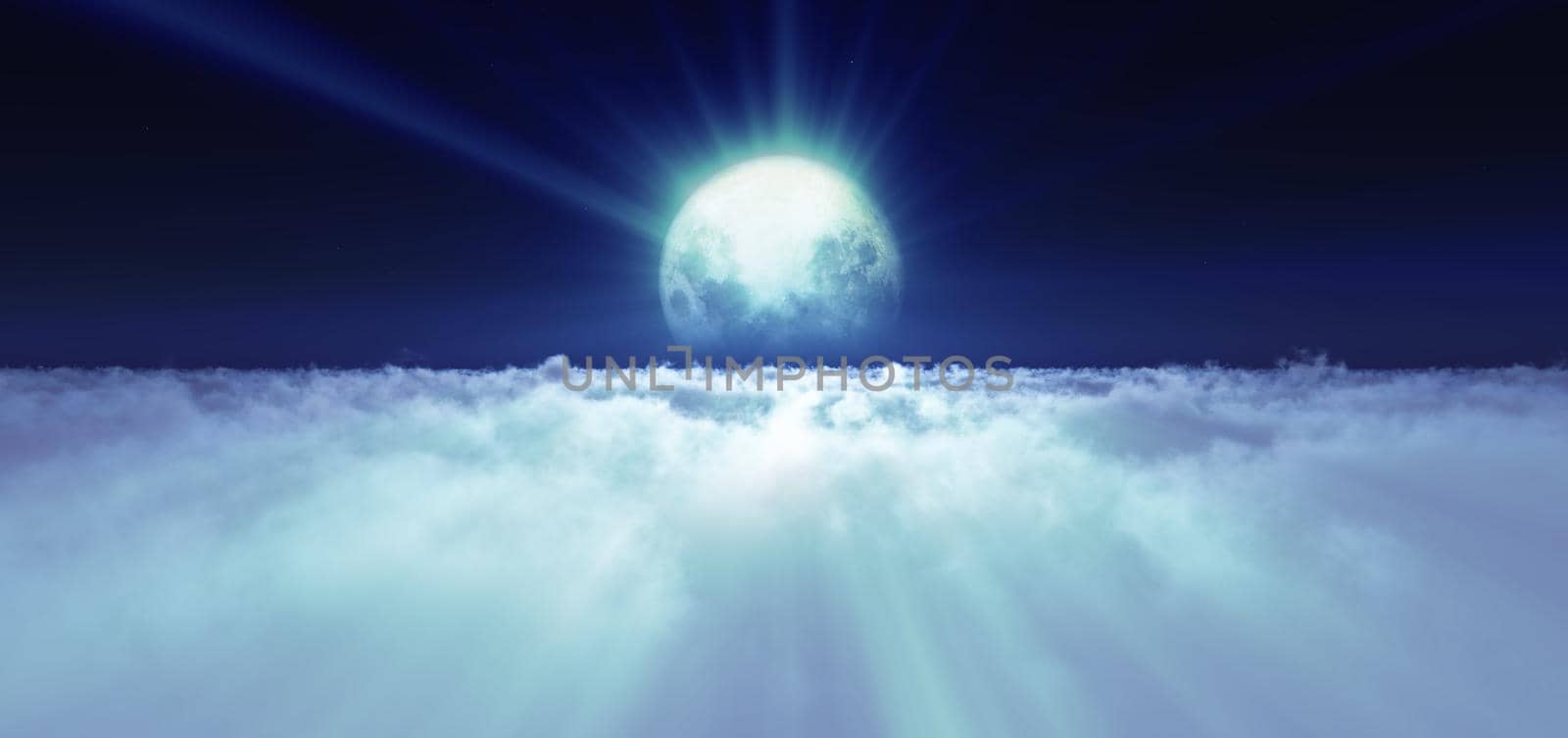 night fly above clouds full moon, 3d render illustration