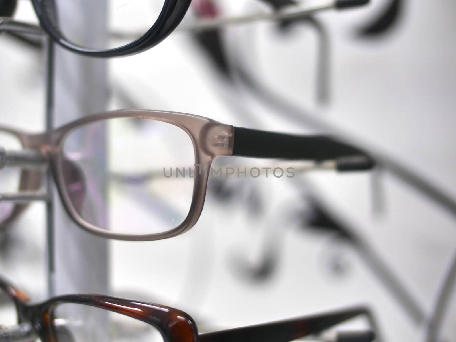 glasses in the store macro, close up