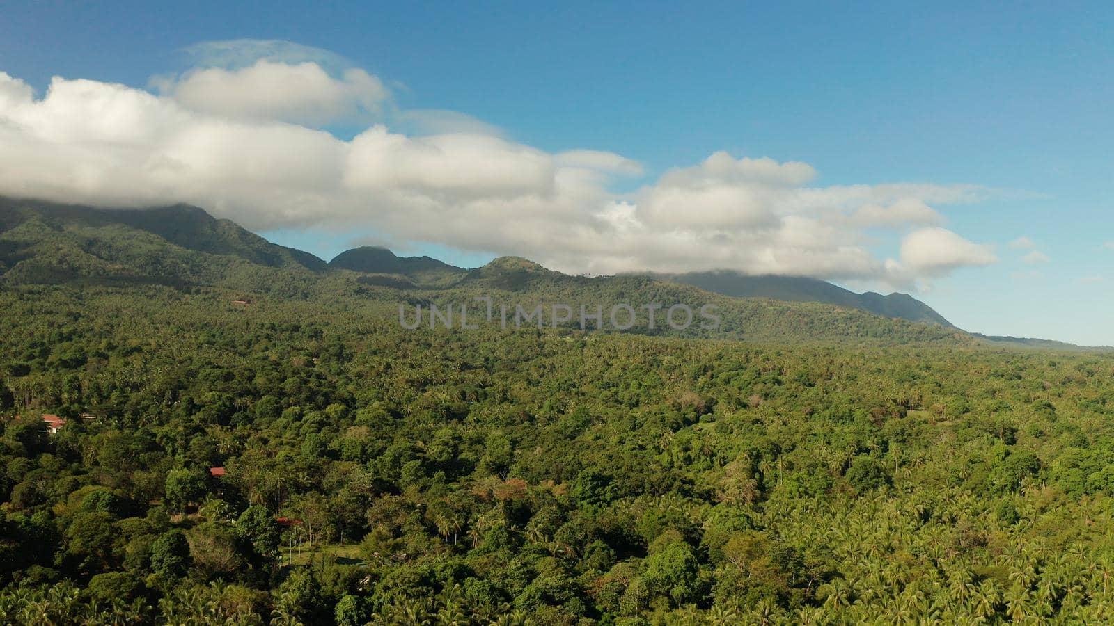 Mountains covered rainforest, trees and blue sky with clouds, aerial view. Camiguin, Philippines. Mountain landscape on tropical island with mountain peaks covered with forest. Slopes of mountains with evergreen vegetation.
