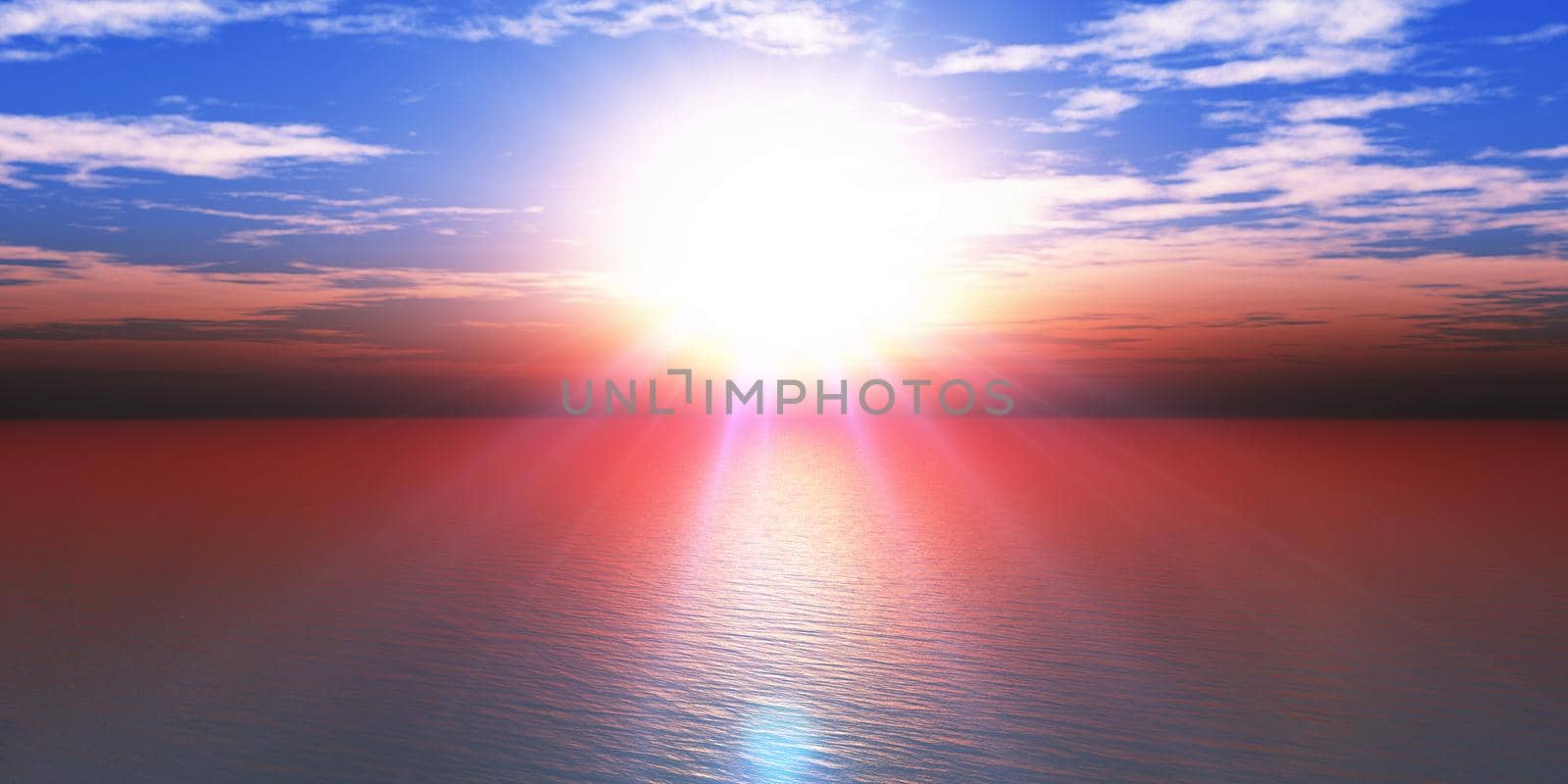 sunset sea sun ray clear sky, 3d rendering illustration