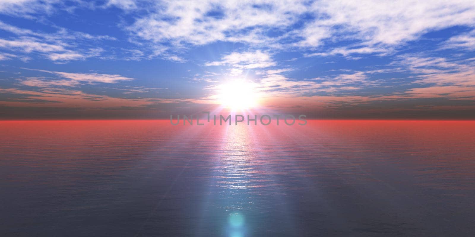 sunset sea sun ray clear sky, 3d rendering illustration