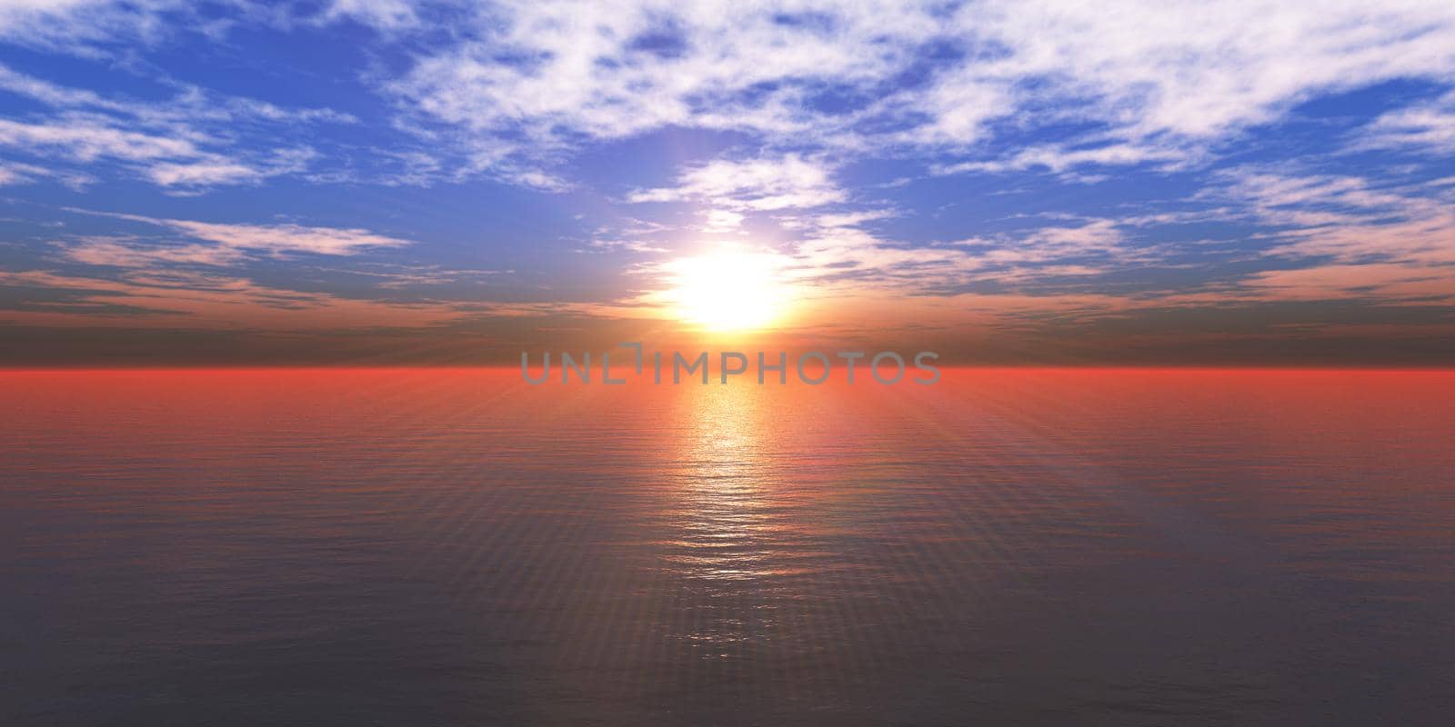 sunset sea sun ray clear sky, 3d rendering illustration