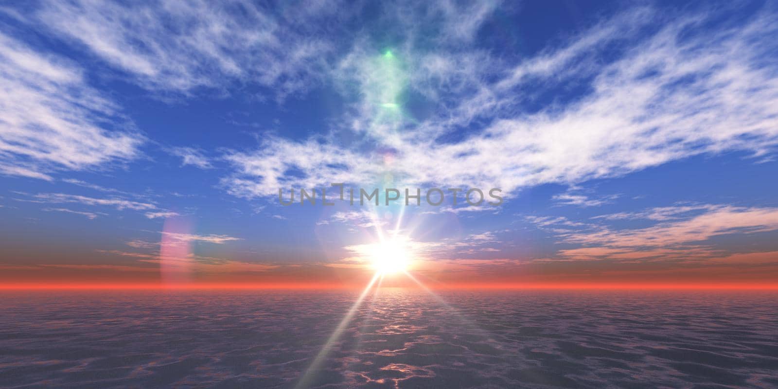 sunset sea sun ray clear sky, 3d rendering illustration