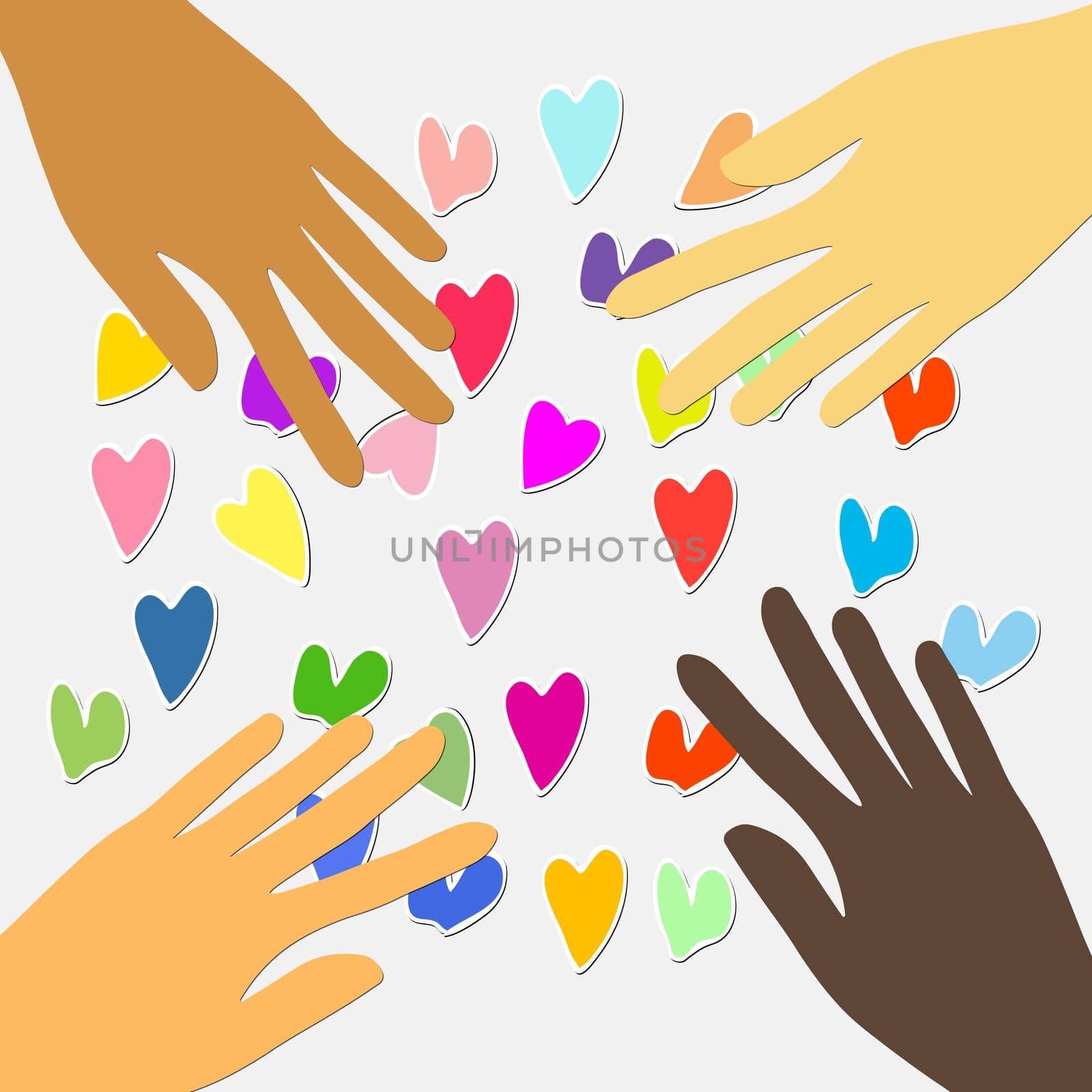 Hands and hearts. Template holiday pattern, vector illustration. People wiht different skin tone. Design for card, postcard, poster, print, banner. Cartoon colorful hearts on white background. by allaku