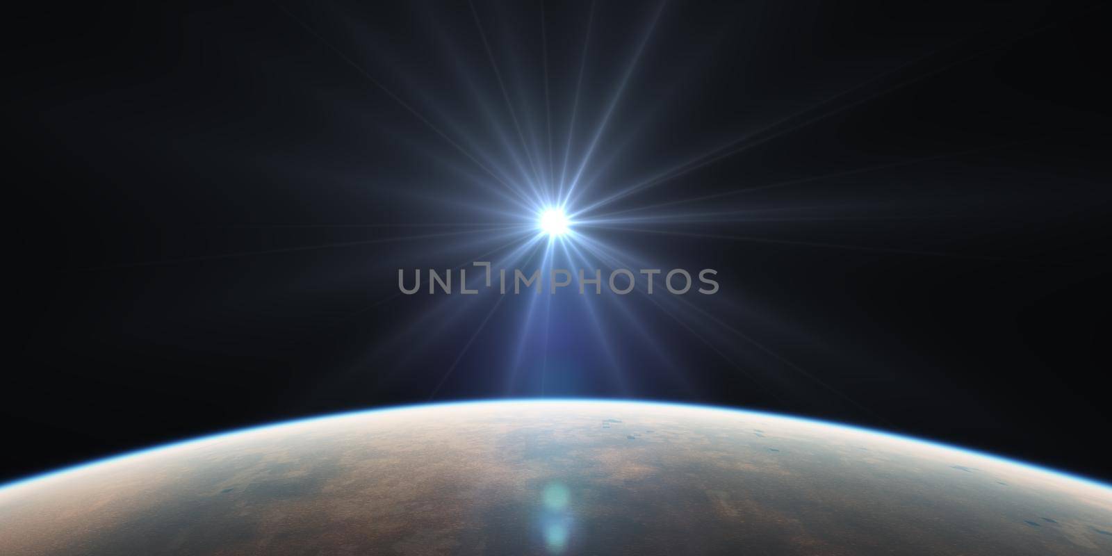 sunrise from planet orbit landscape, 3d render illustration