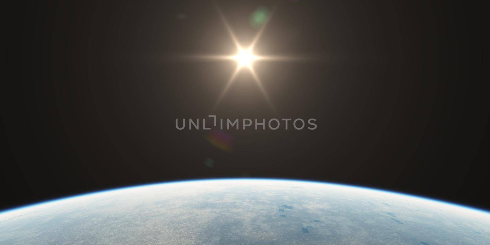 sunrise from planet orbit landscape, 3d render illustration