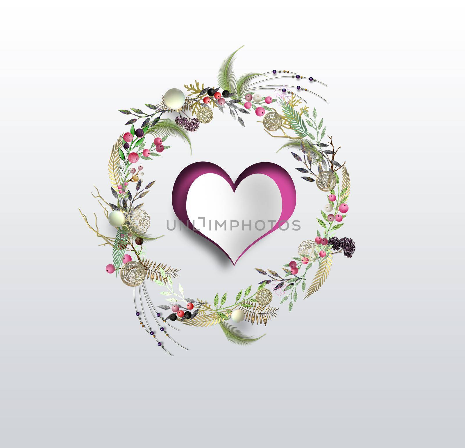 Gold floral wreath, paper heart for wedding invitation , valentines card. 3D render