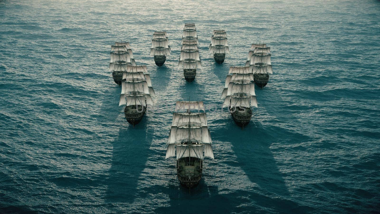 old ships fleet at sea, 3d render illustration