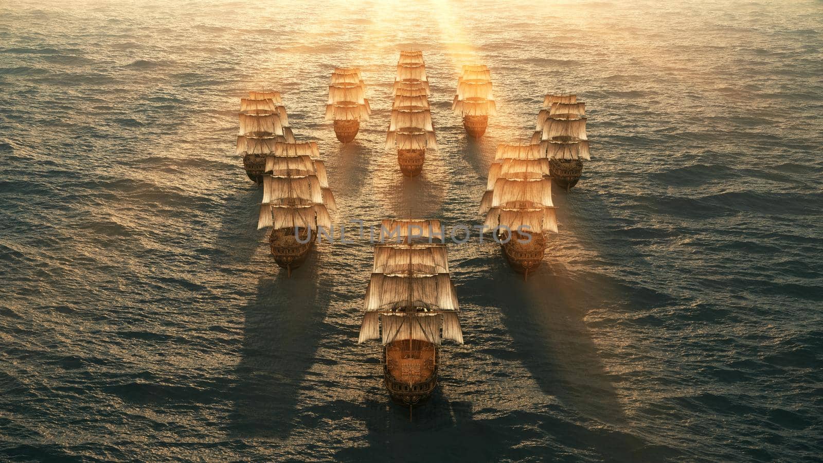 old ships fleet at sea, 3d render illustration