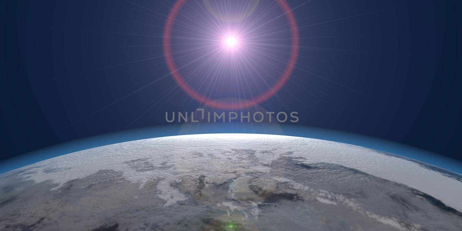 Sunrise over the planet panorama, 3d render illustration