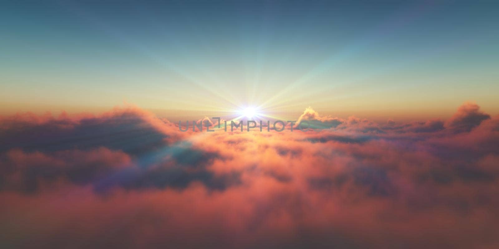 above clouds fly sunset sun ray illustration, 3d render