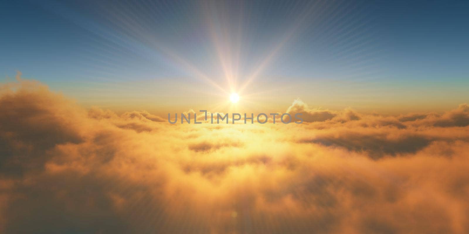 above clouds fly sunset sun ray illustration, 3d render