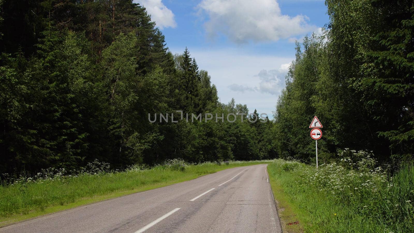 Road sign warning of dangerous right curve and sign no passing on the highway in the forest.