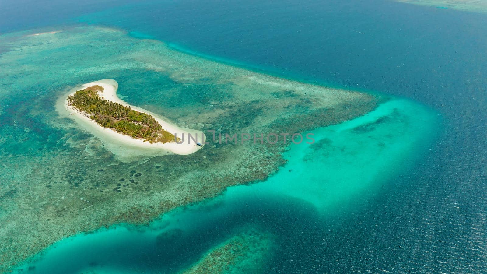 Tropical island on an atoll with beautiful sandy beach by coral reef from above. Canimeran Island and coral reef. Summer and travel vacation concept.