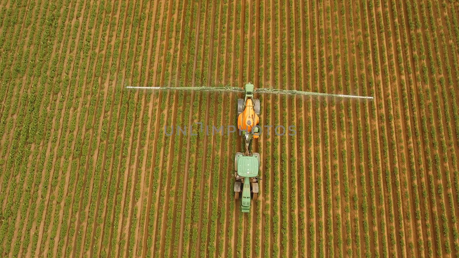 Aerial view tractor spraying the chemicals on the large green field. Spraying the herbicides on the farm land. Treatment of crops against weeds.