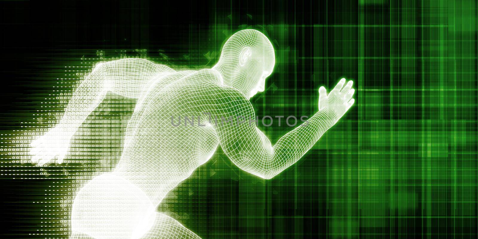 Future Speed Technology with Futuristic Man Running Ahead
