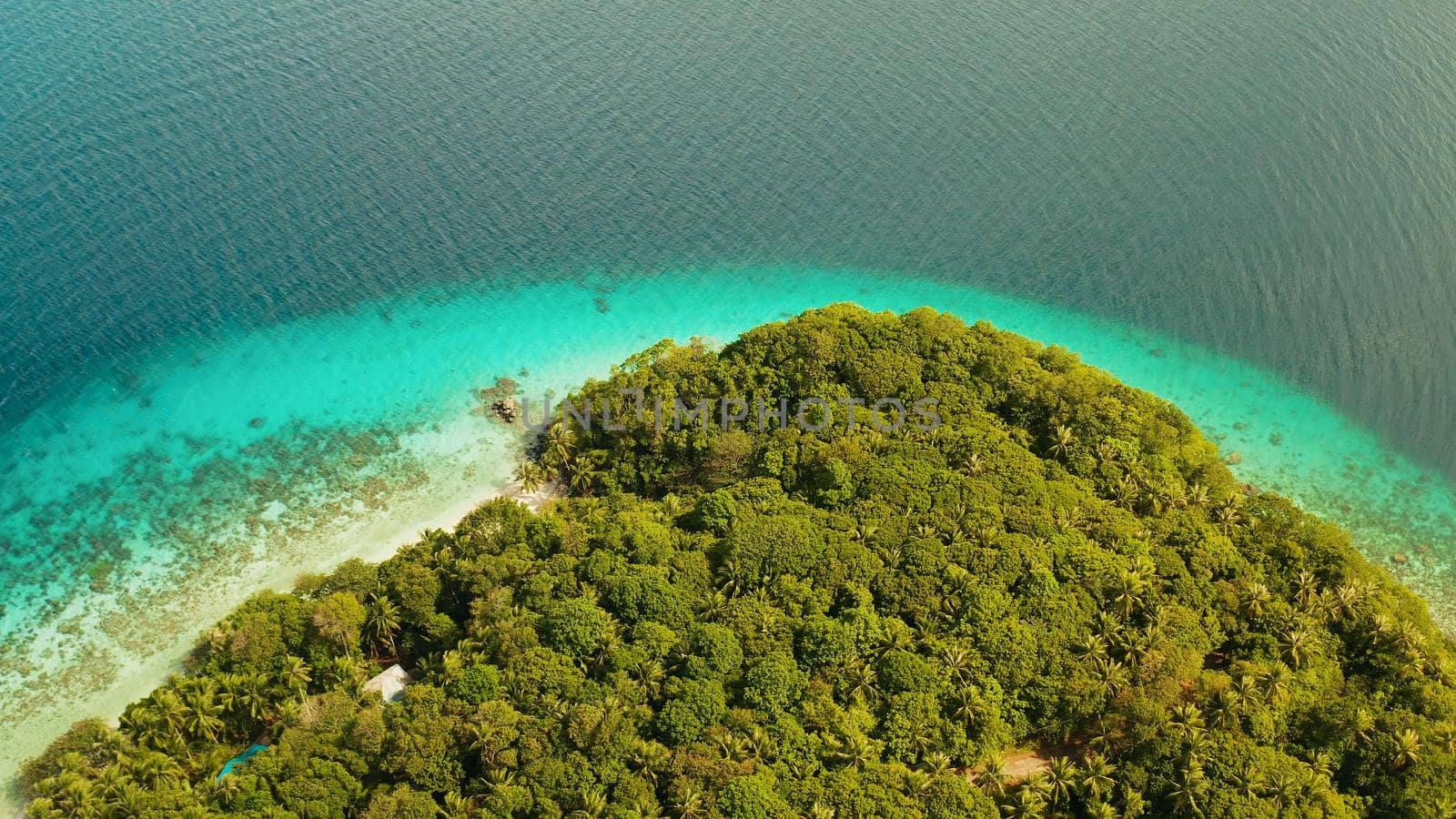 Seascape island coast with forest and palm trees, coral reef with turquoise water, aerial view. Sea water surface in lagoon and coral reef. Coastline of tropical island covered green forest near at sea Camiguin, Philippines
