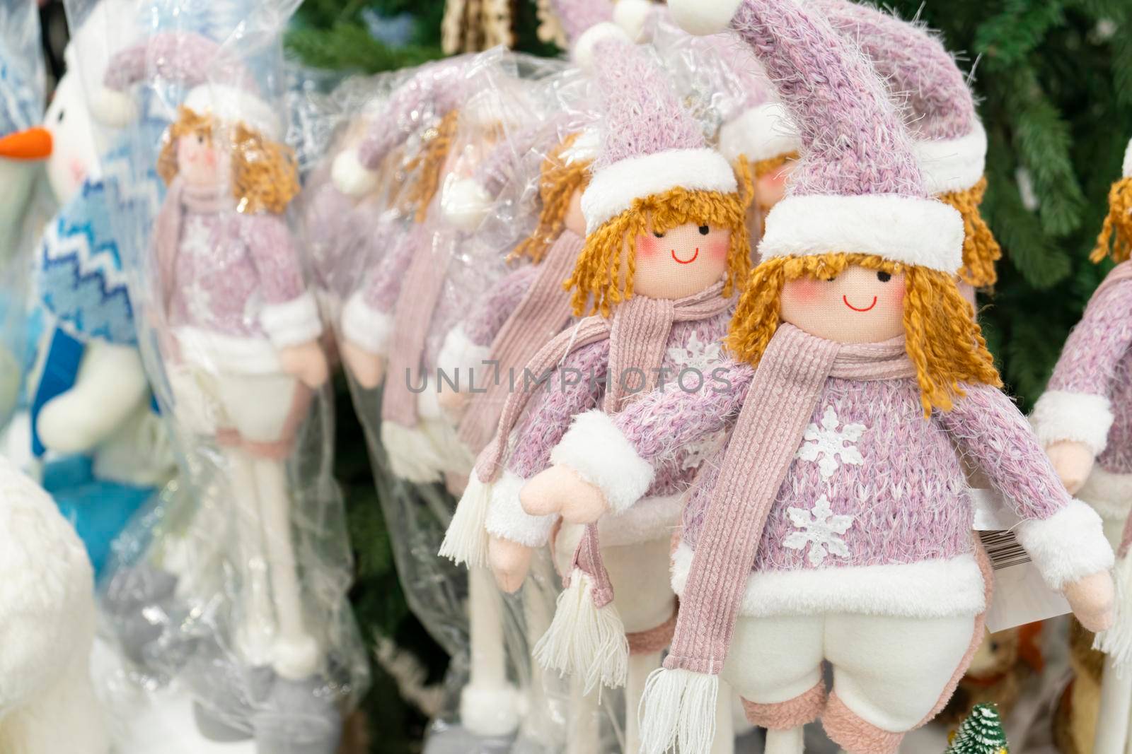christmas toys on store shelves close - up as background. High quality photo
