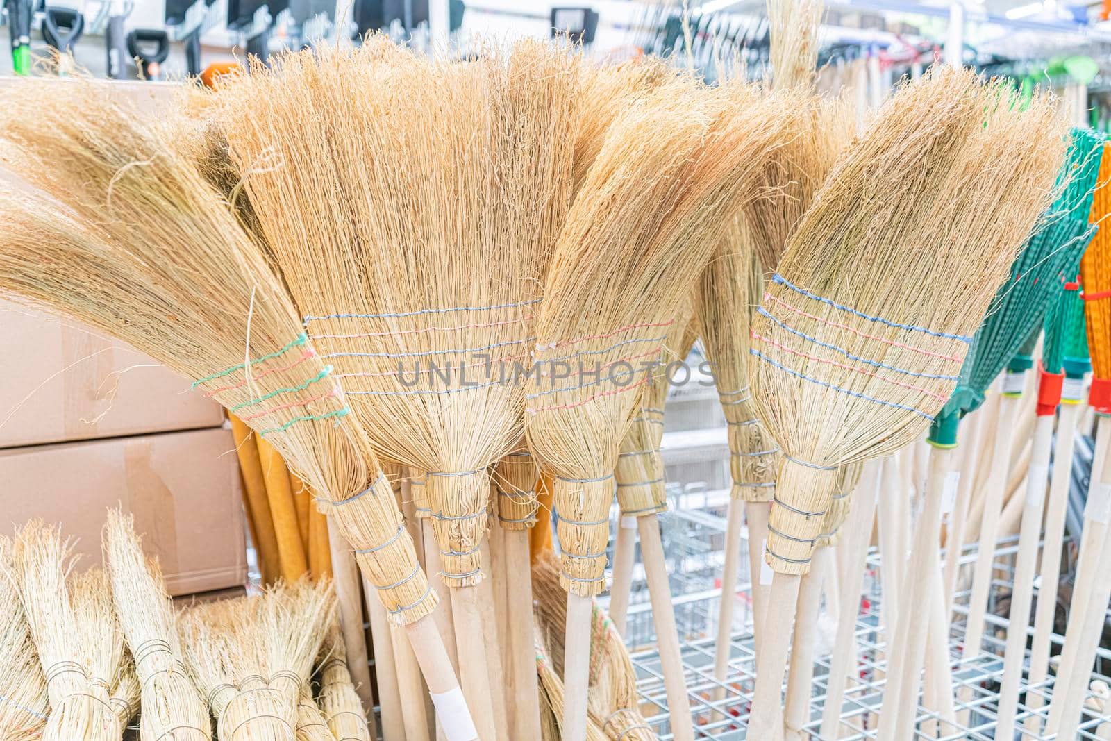 brooms in the store close-up. as background. High quality photo