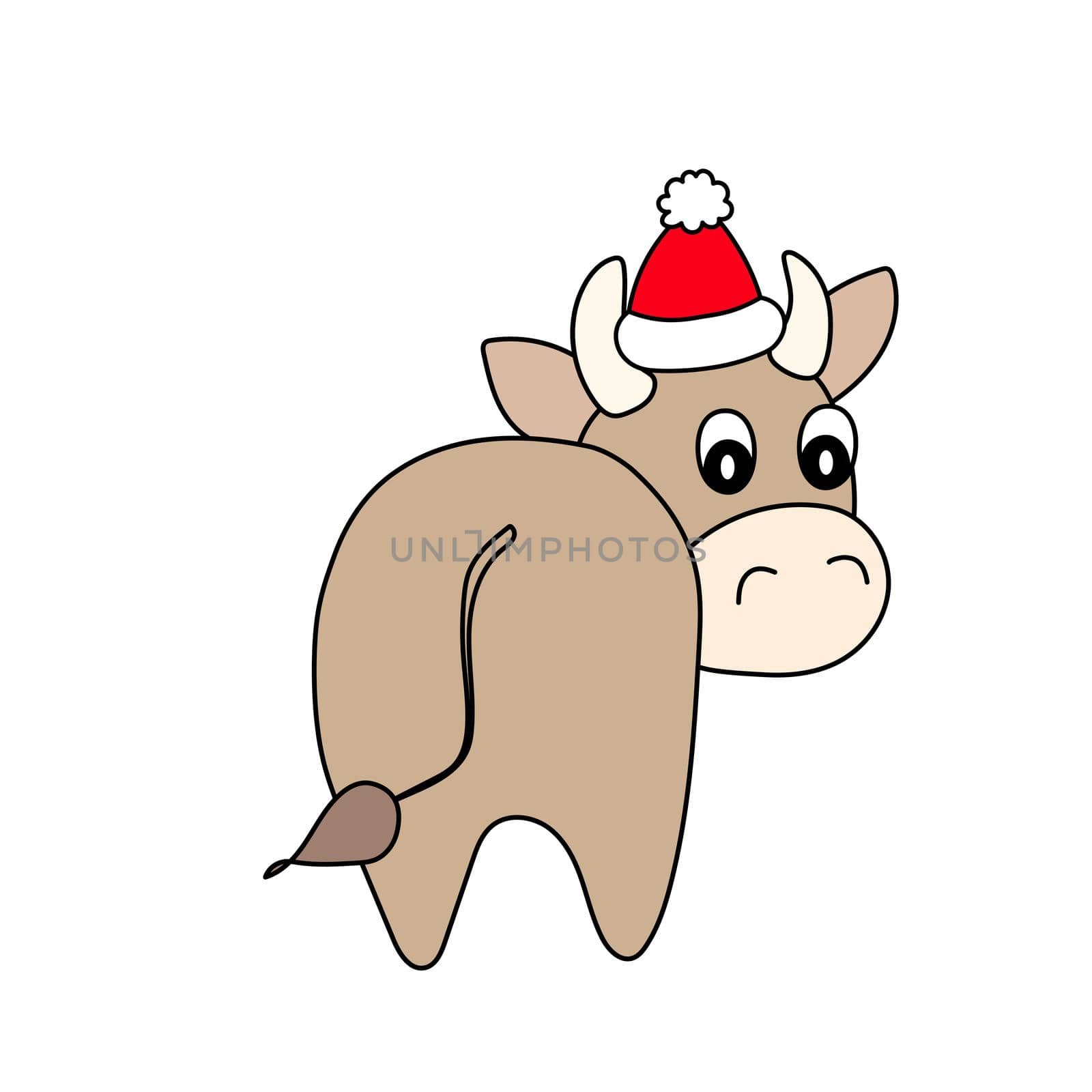 Bull in a winter hat. Vector animal illustrationfor kids. Template adorable character for your design. Colorful cartoon cute cow. New Year and Christmas symbol 2021. Isolated icon. by allaku